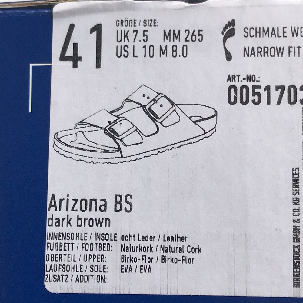 New! Birkenstock Arizona BS Dark Brown Leather Sandals Sz 41 Women 10 Men 8 - Picture 8 of 9